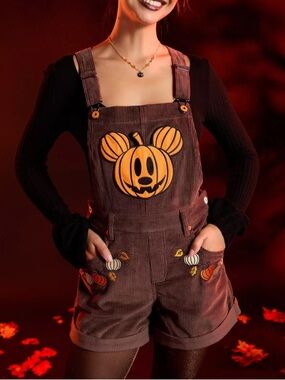 Her Universe Brown Corduroy Pumpkin Mickey Short Overalls